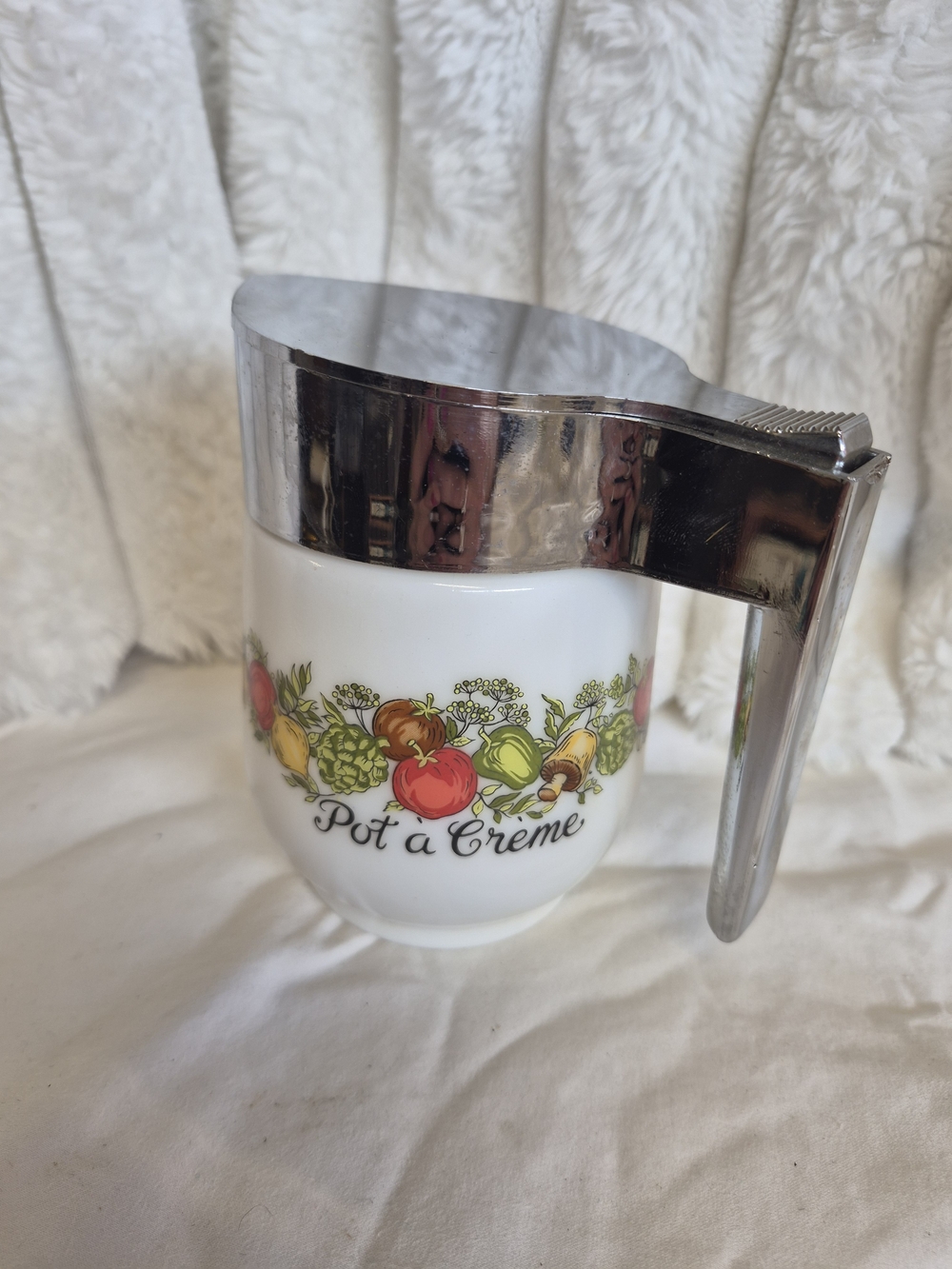 Vintage Pot à Crème White Glass Sauce/Creme Server with Fruit Motif